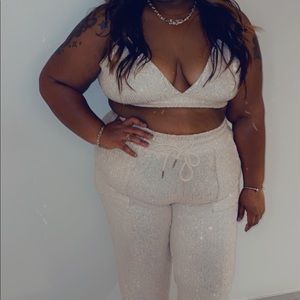 Two piece cream colored sequin pants set